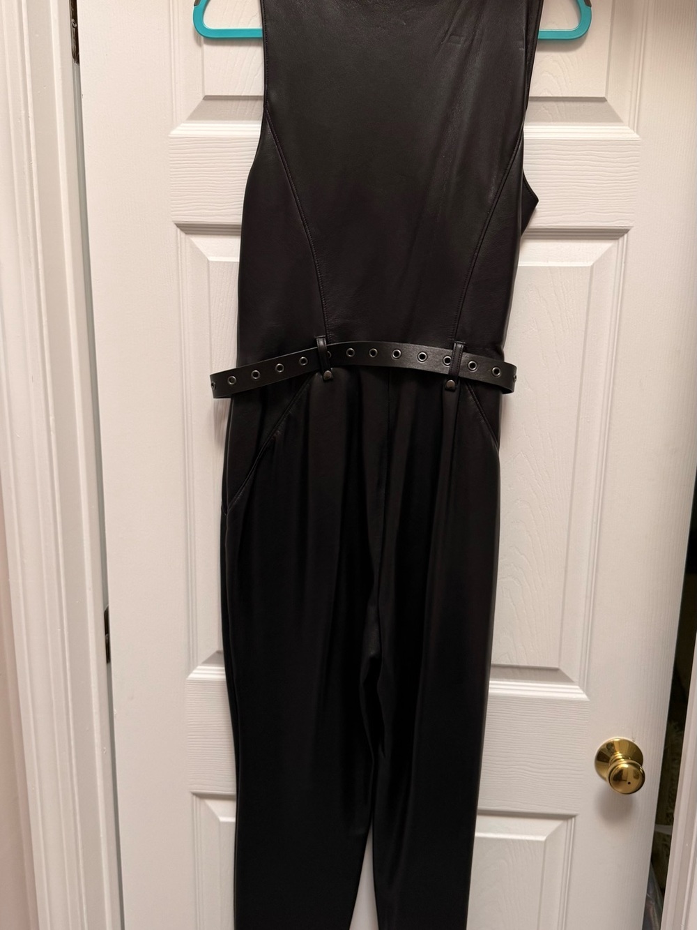 Black Guess Faux Leather Sleeveless Jumpsuit with Belt - Picture 3 of 5